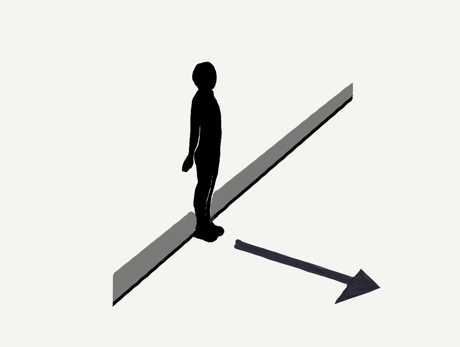 壁を背にして直立している人のシルエット。スクエアオフの形を示している。