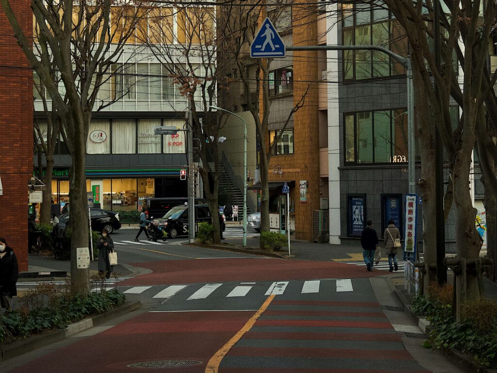 街路樹に囲まれた小さな交差点の写真。複数の歩行者、複数の自動車が写っている。